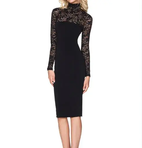 Sexy Bodycon Dress Lace Patchwork Turtleneck Midi Dresses Slim Long Sleeve Pencil Party Dress Veatidos Women Clothing M0491 6