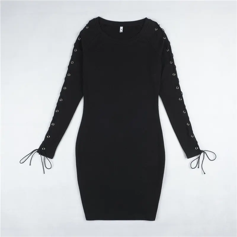 Sexy Bodycon Dress Lace Up Sleeve Knitted Dress Long Sleeve Basic Dresses Slim Dress For Women 1
