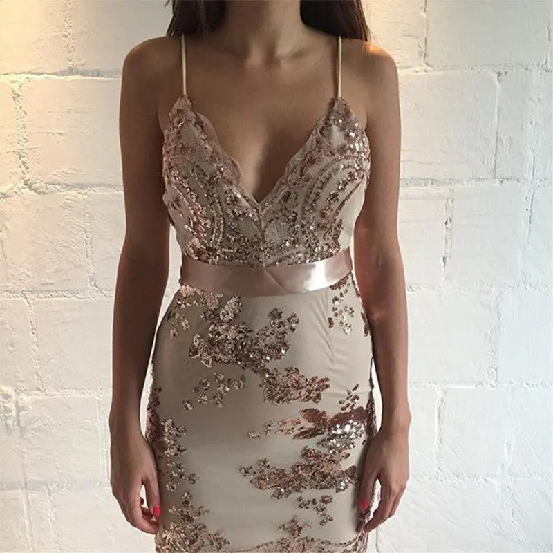 Sexy Bodycon Dress Strap Sequin Party Dress Robe Femme Deep V Slim Night Party Club Dresses Women Ladies Backless Dress 5