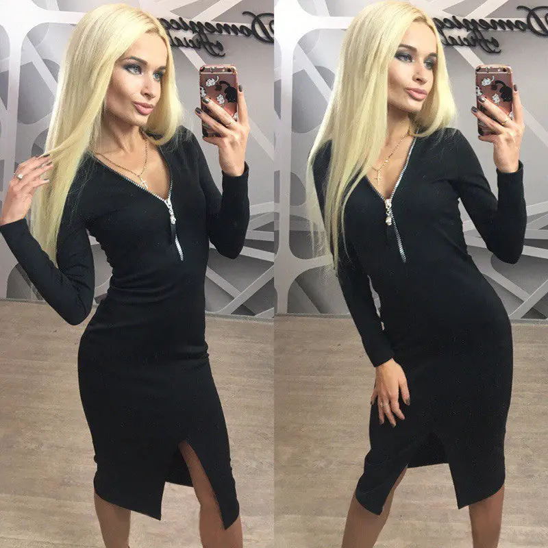 Sexy Bodycon Plunging Neck Midi Dress Women Dress Zippers Sheath Dress Package Hip Dress Vestidos Gv395 1