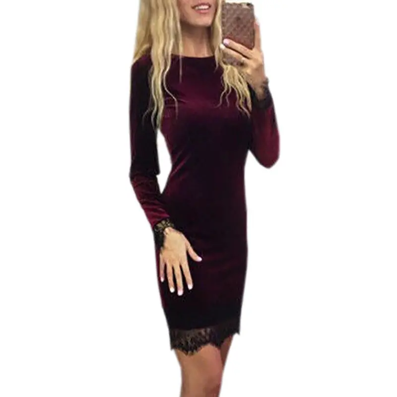 Sexy Bodycon Velvet Lace Dress Long Sleeve Round Neck Women Party Dresses Elegant Dress Lace Pencil Dress Vestidos Gv495 8