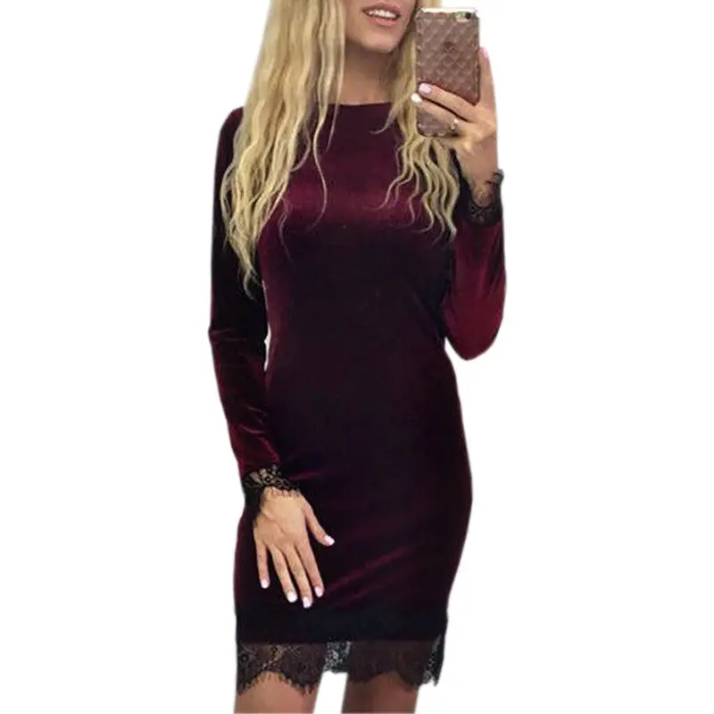 Sexy Bodycon Velvet Lace Dress Long Sleeve Round Neck Women Party Dresses Elegant Dress Lace Pencil Dress Vestidos Gv495 9