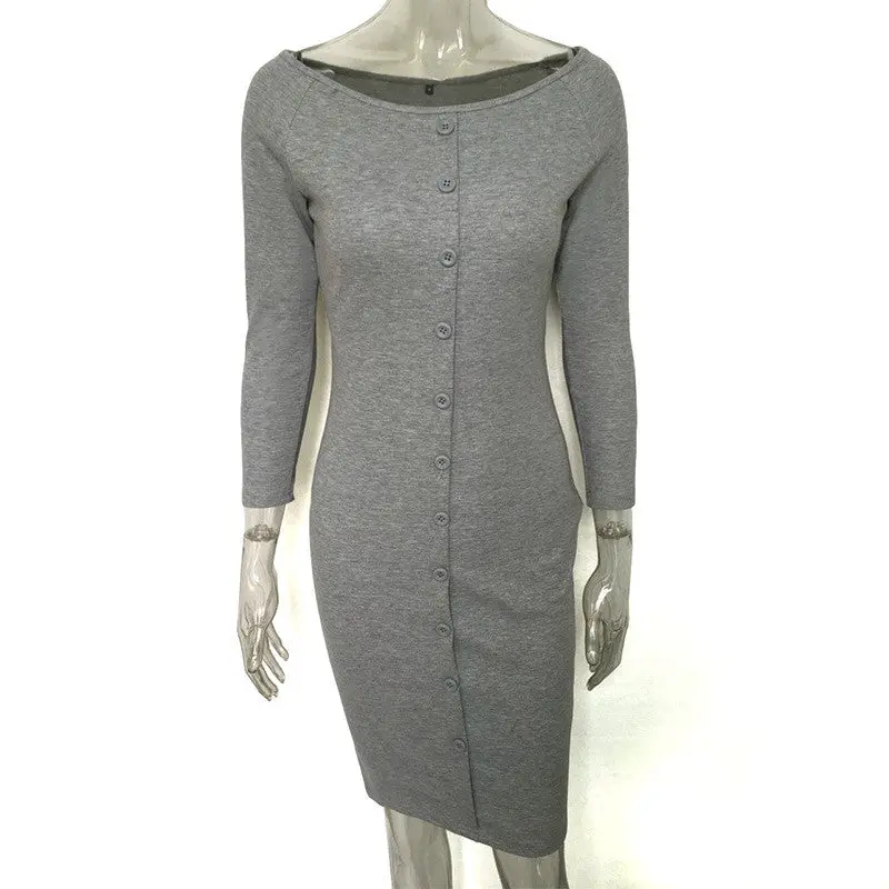 Sexy Bodycon Women's Dress Knee Length Slash Neck Button Knitted Dress Vestidos Three Quarter Sleeve Dress 3
