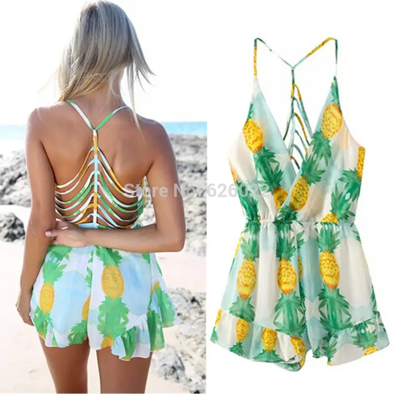 Sexy Boho Pineapple Print Hollow Backless Cross Deep V Neck Ruffles Short Jumpsuit Holiday Beach Rompers Playsuit 2