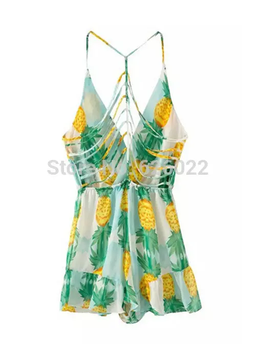 Sexy Boho Pineapple Print Hollow Backless Cross Deep V Neck Ruffles Short Jumpsuit Holiday Beach Rompers Playsuit 3