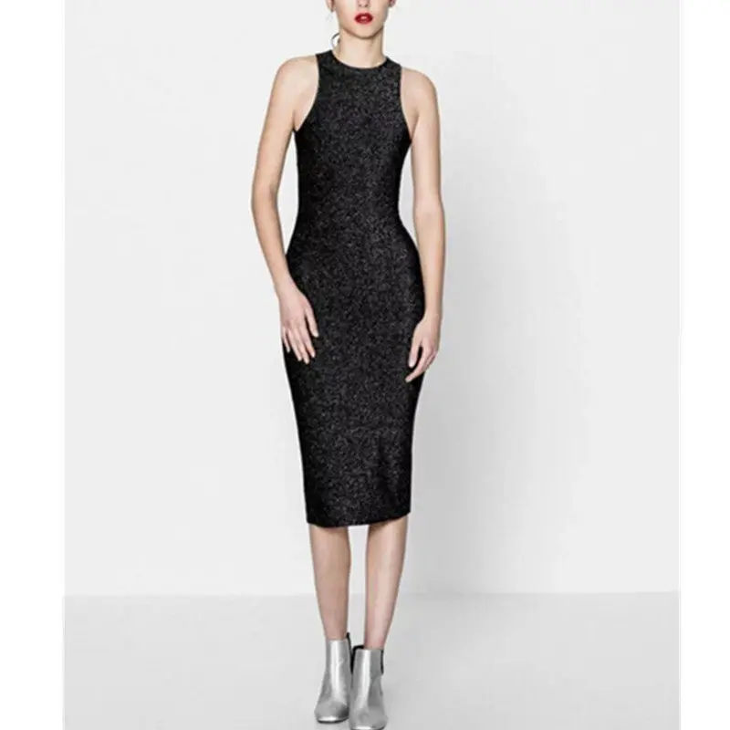 Sexy Bright Shining Backless Kink Dress Woman O Neck Sleeveless Back Slit Tank Dresses Mid Calf Femme 3