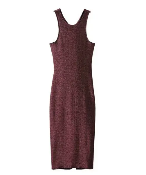 Sexy Bright Shining Backless Kink Dress Woman O Neck Sleeveless Back Slit Tank Dresses Mid Calf Femme 4