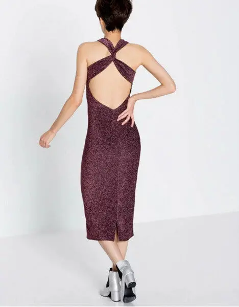 Sexy Bright Shining Backless Kink Dress Woman O Neck Sleeveless Back Slit Tank Dresses Mid Calf Femme 4