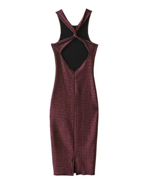 Sexy Bright Shining Backless Kink Dress Woman O Neck Sleeveless Back Slit Tank Dresses Mid Calf Femme 5