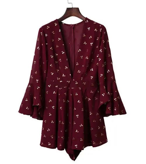 Sexy Bronzing Golden Flower Jumpsuit Women Deep V Neck Flare Sleeve Bandage Waist Short Pants Chiffon Romper Overalls 1