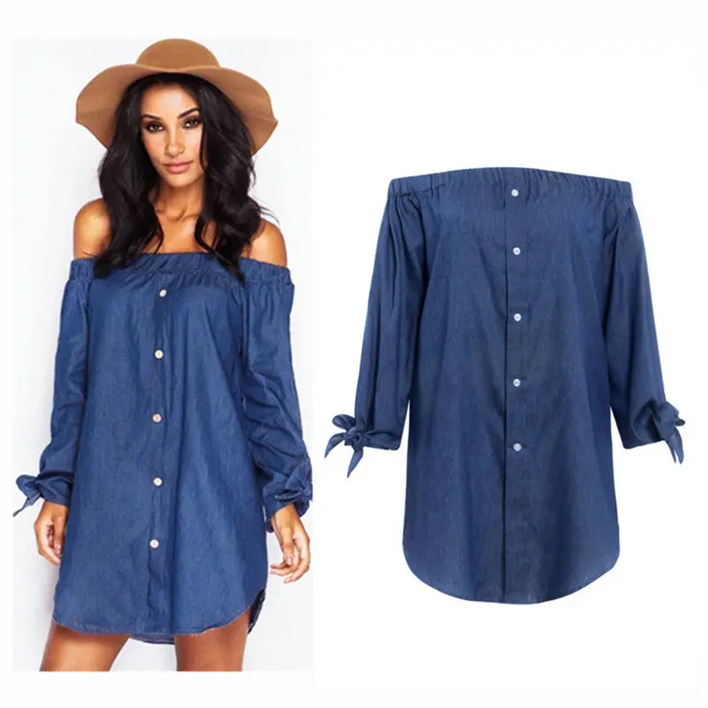 Sexy Button Up Off Shoulder Dress Loose Women Dress Plus Size Women Clothing Slash Neck Shirt Dress For Women 3