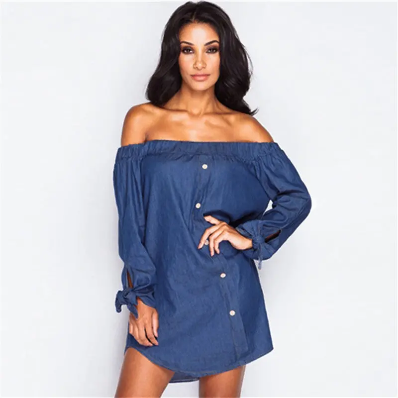 Sexy Button Up Off Shoulder Dress Loose Women Dress Plus Size Women Clothing Slash Neck Shirt Dress For Women 4