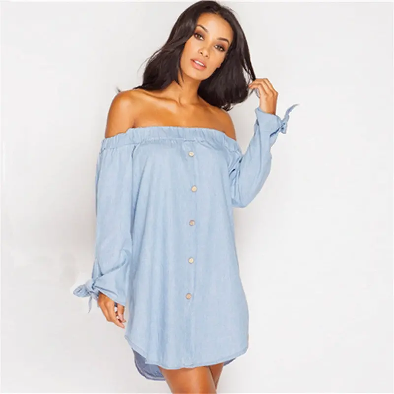 Sexy Button Up Off Shoulder Dress Loose Women Dress Plus Size Women Clothing Slash Neck Shirt Dress For Women 6