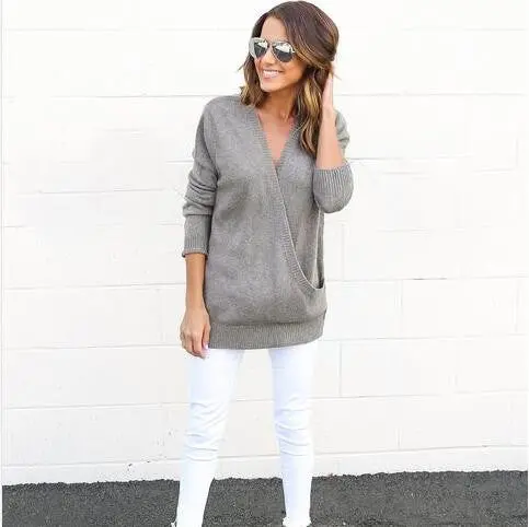 Sexy Casual Knitted Sweaters Woman Knitting Sweaters V Neck Cross Solid Loose Sweater Pullovers Gv393 1