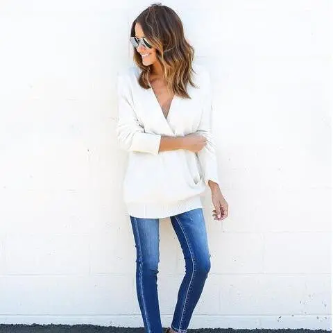 Sexy Casual Knitted Sweaters Woman Knitting Sweaters V Neck Cross Solid Loose Sweater Pullovers Gv393 2