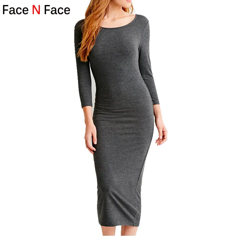 Sexy Casual Woman Package Hip Bodycon Dress O-Neck Three Quarter Sleeve Solid Color Women Skinny Sheath Pencil Dresses J6033-1 1