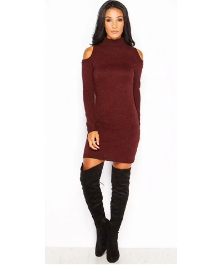 Sexy Cold Shoulder Women's Turtle Neck Dresses Knitted Solid Slim Bodycon Mini Dress Vestidos S-Xl Lx120 1