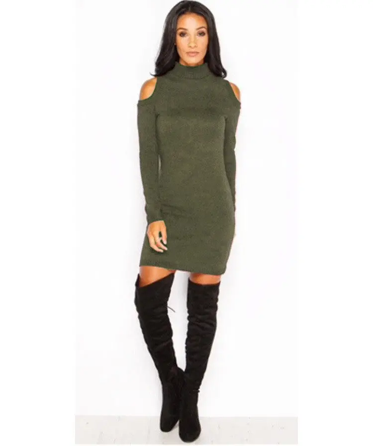 Sexy Cold Shoulder Women's Turtle Neck Dresses Knitted Solid Slim Bodycon Mini Dress Vestidos S-Xl Lx120 5