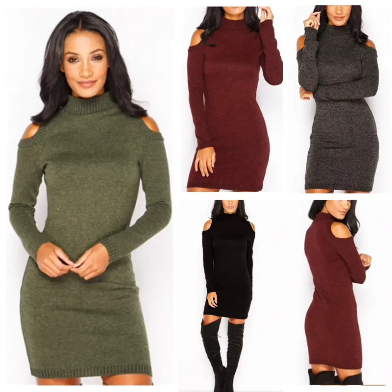 Sexy Cold Shoulder Women's Turtle Neck Dresses Knitted Solid Slim Bodycon Mini Dress Vestidos S-Xl Lx120 6