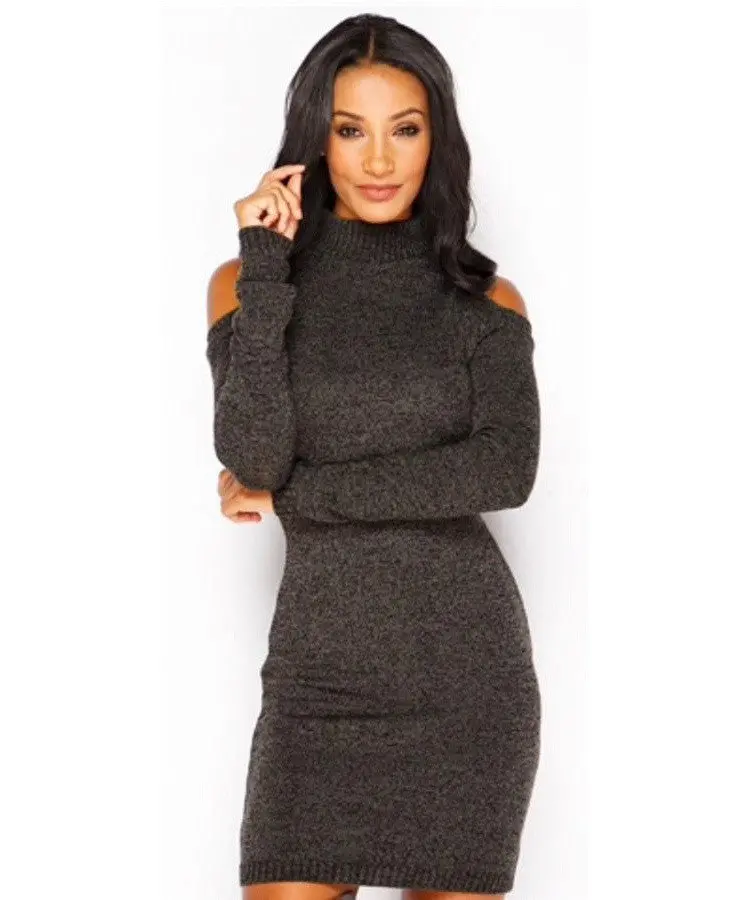Sexy Cold Shoulder Women's Turtle Neck Dresses Knitted Solid Slim Bodycon Mini Dress Vestidos S-Xl Lx120 8