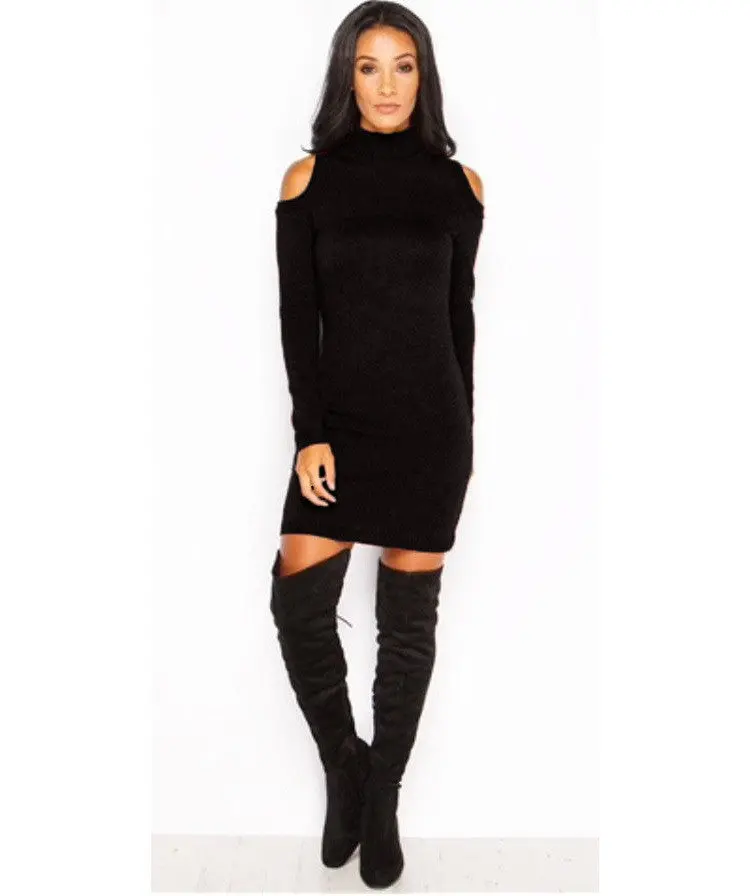 Sexy Cold Shoulder Women's Turtle Neck Dresses Knitted Solid Slim Bodycon Mini Dress Vestidos S-Xl Lx120 9