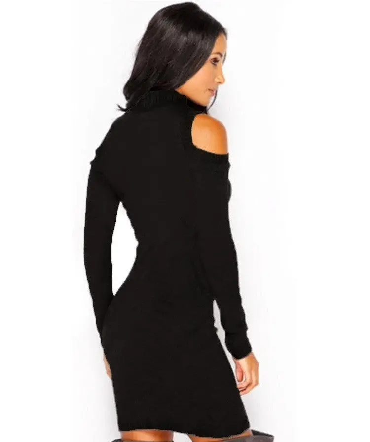 Sexy Cold Shoulder Women's Turtle Neck Dresses Knitted Solid Slim Bodycon Mini Dress Vestidos S-Xl Lx120 9