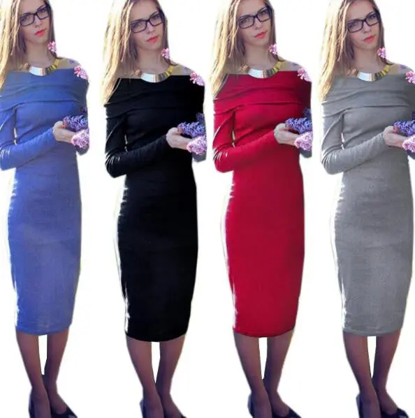 Sexy Cotton Strechy Midi Dress Fahion Word Collar Women Package Hip Bodycon Dress Robes Vestidos Lx074 6