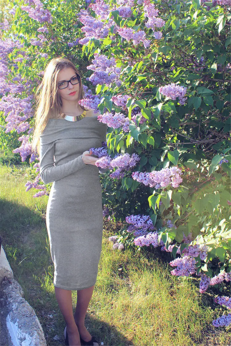 Sexy Cotton Strechy Midi Dress Fahion Word Collar Women Package Hip Bodycon Dress Robes Vestidos Lx074 9
