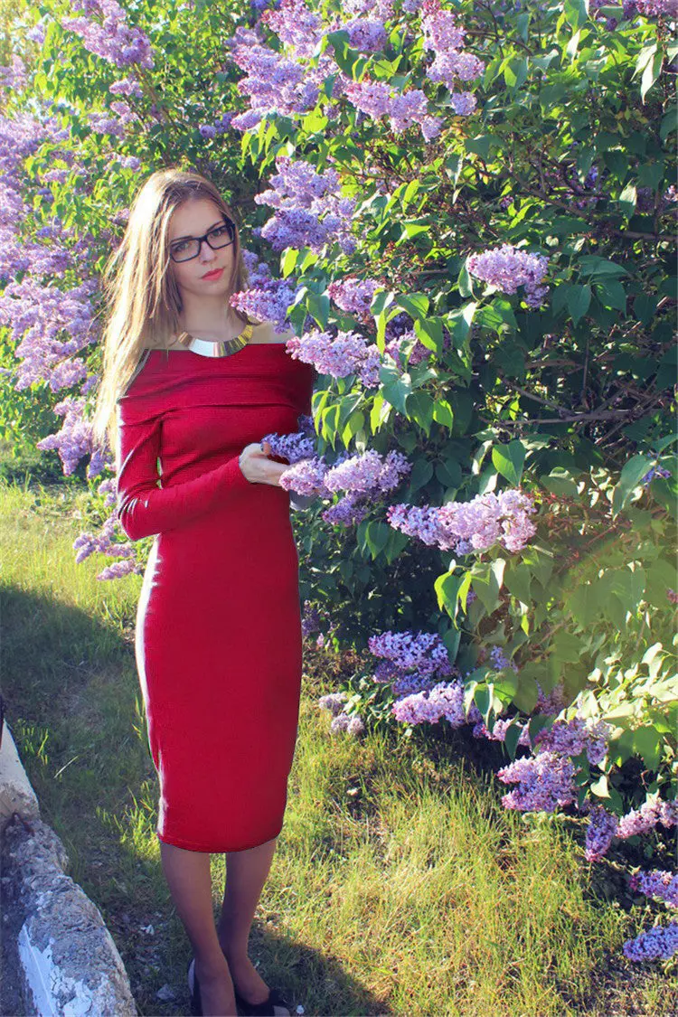 Sexy Cotton Strechy Midi Dress Fahion Word Collar Women Package Hip Bodycon Dress Robes Vestidos Lx074 9