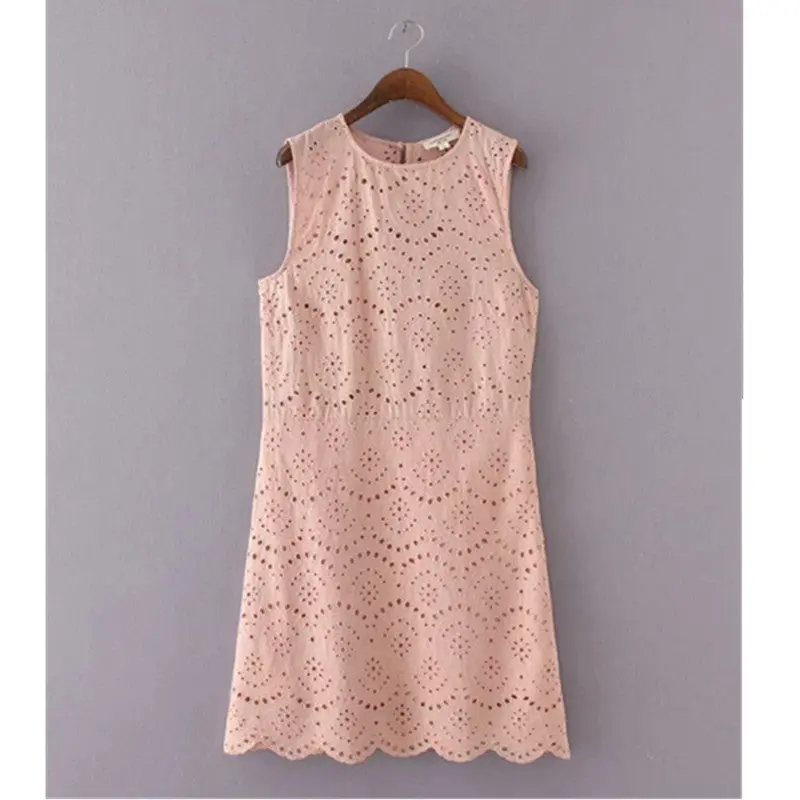 Sexy Crochet Emboridery Hole Sleeveless Dress Women Hollow Out Tank Dress Package Hips Short Dresses Pink Red Color 1