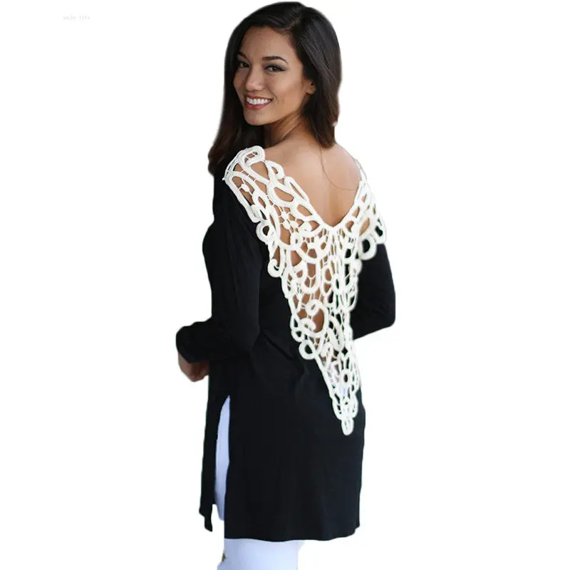 Sexy Crochet Patchwork Elegant T-Shirt Femme Deep V Back Lace Hollow Out Women Long Sleeve Side Split Shirt M0072 4