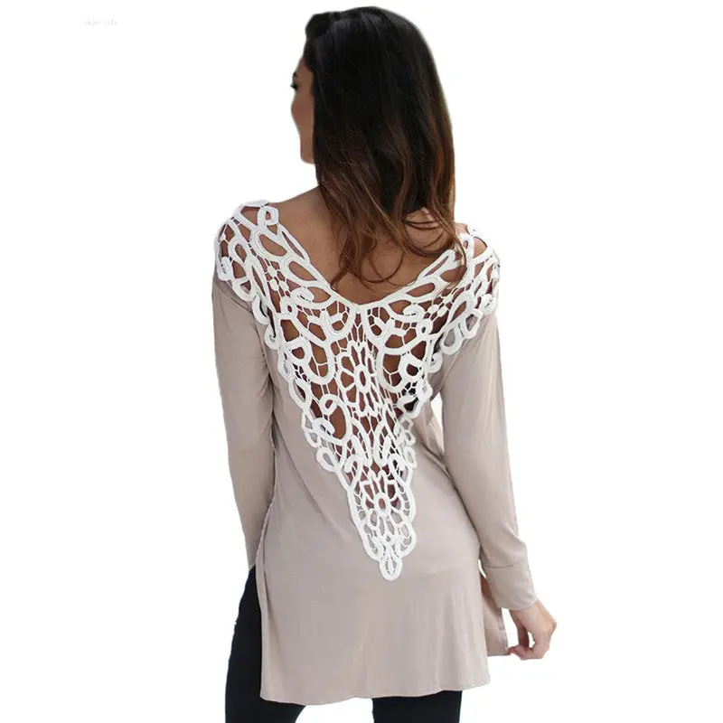 Sexy Crochet Patchwork Elegant T-Shirt Femme Deep V Back Lace Hollow Out Women Long Sleeve Side Split Shirt M0072 5