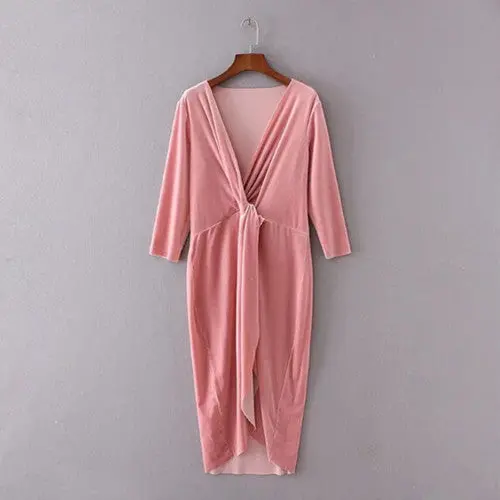 Sexy Cross Deep V Neck Asymmetrical Hem Velvet Dress Vintage Woman Three Quarter Sleeve Dresses 3 Colors 7