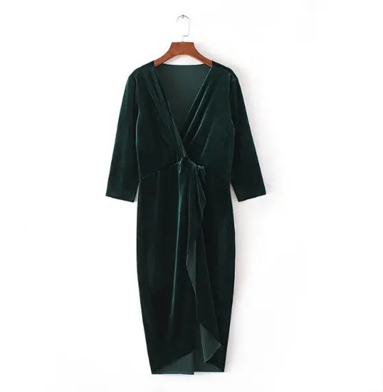 Sexy Cross Deep V Neck Asymmetrical Hem Velvet Dress Vintage Woman Three Quarter Sleeve Dresses 3 Colors 7