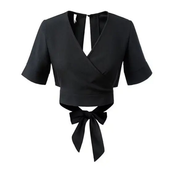Sexy Cross V Neck Backless Lacing Up Bow Hem T-Shirt Women Short Sleeve Hollow Out Short Crop Top Tee Tops 1