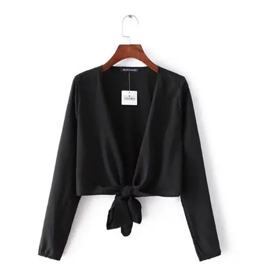 Sexy Cross V Neck Bow Hem Loose Cotton Shirt Women Bandage Long Sleeve Blouse Tops Sunscreen 1