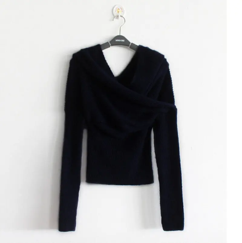 Sexy Cross V Neck Off The Shoulder Pullover Sweater Women Crop Top Novelty Irregular Slash Neck Knitted Jumper Knitwear 5 Colors 1