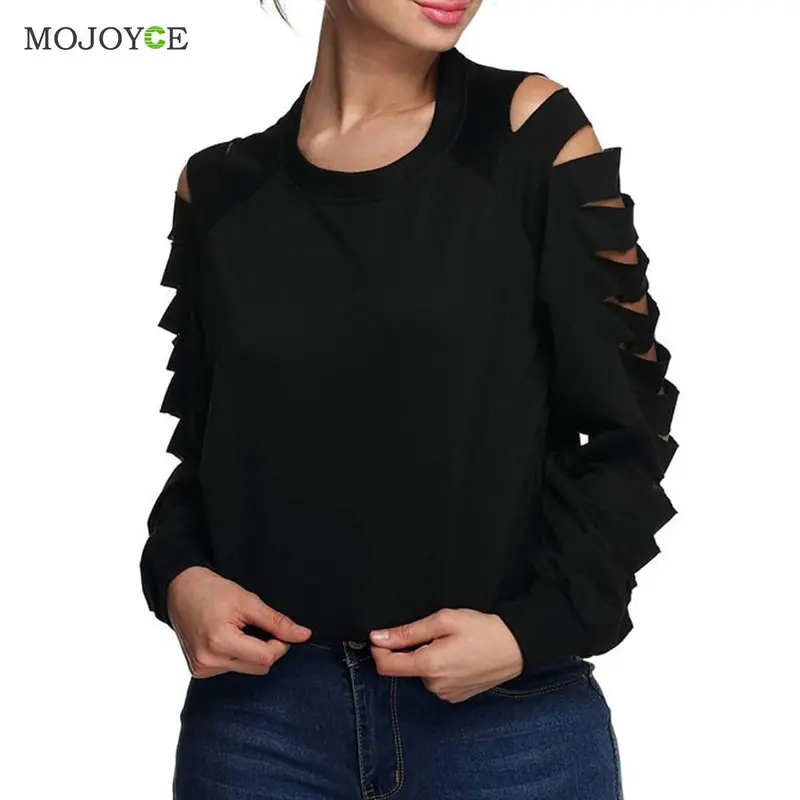 Sexy Cut Out Hole Long Sleeves Women Tops Ripped Night Street Clubwear Women T Shirt Black White Blusa Crop Top Tees 1