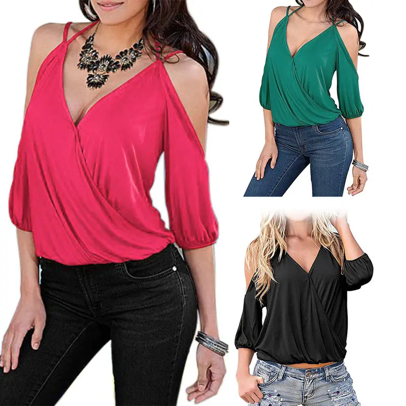 Sexy Deep V-Neck Blusa Bandage Sleeveless Backless Tee Casual Women Tops Off Shoulder T-Shirt 5