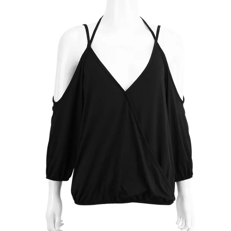 Sexy Deep V-Neck Blusa Bandage Sleeveless Backless Tee Casual Women Tops Off Shoulder T-Shirt 7