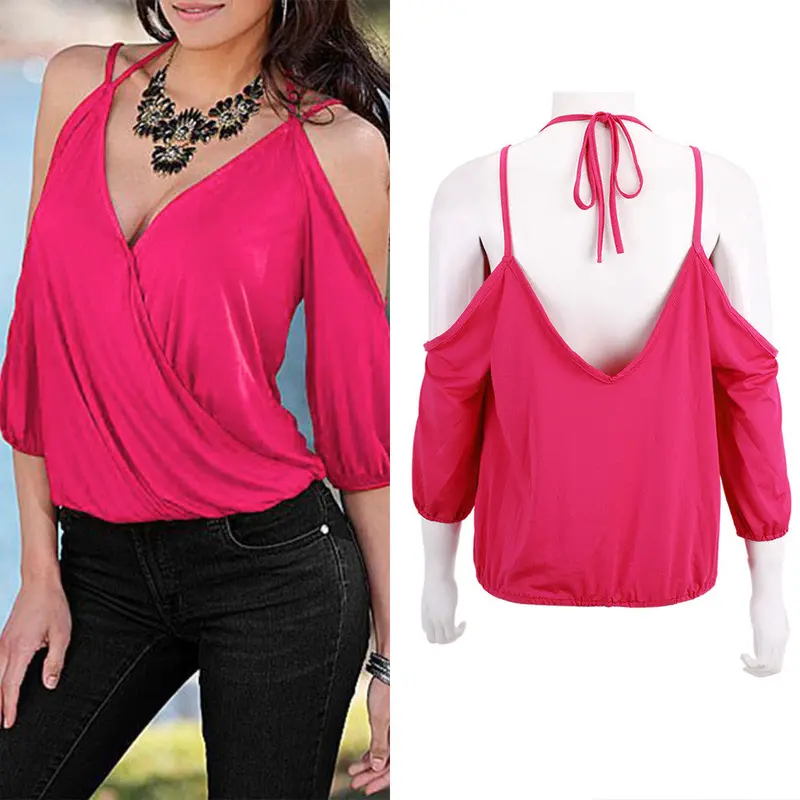 Sexy Deep V-Neck Blusa Bandage Sleeveless Backless Tee Casual Women Tops Off Shoulder T-Shirt 8