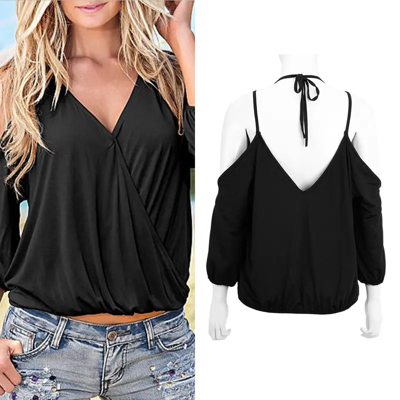 Sexy Deep V-Neck Blusa Bandage Sleeveless Backless Tee Casual Women Tops Off Shoulder T-Shirt 9