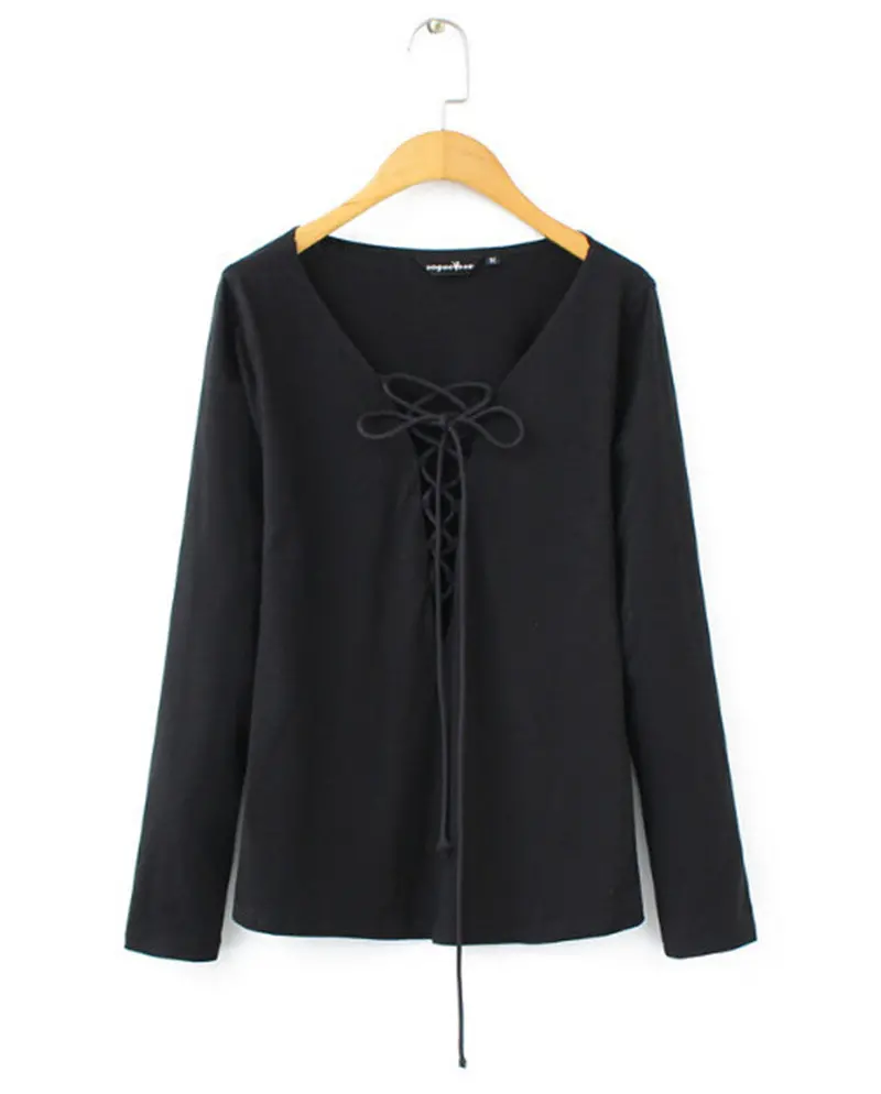 Sexy Deep V Neck Hollow Out Cross Straps T-Shirt Black Trendy Women Slim Fit Long Sleeve Tee Tops 1