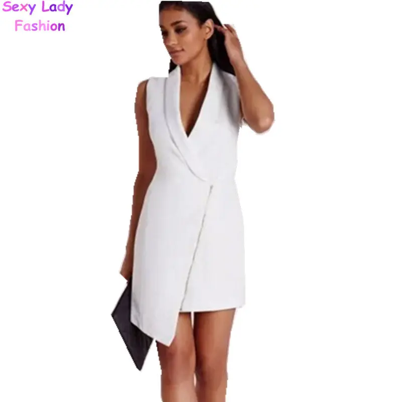 Sexy Deep V Neck Irregular Zipper Hem Sleeveless Vest Dresses Women Package Hips Short Work Party Dress Black White 3
