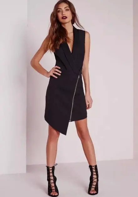 Sexy Deep V Neck Irregular Zipper Hem Sleeveless Vest Dresses Women Package Hips Short Work Party Dress Black White 4
