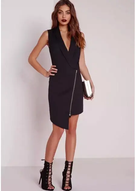 Sexy Deep V Neck Irregular Zipper Hem Sleeveless Vest Dresses Women Package Hips Short Work Party Dress Black White 5
