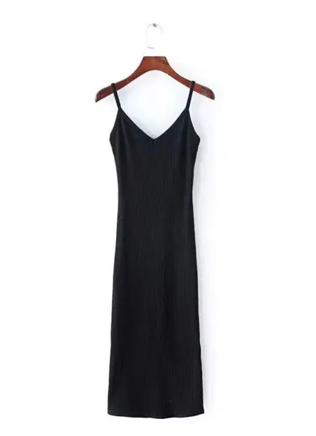 Sexy Deep V Neck Spaghetti Strap Stretch Midi Dress Women Brandy Melville Aa Package Hips Side Slit Dresses 3 Colors 1