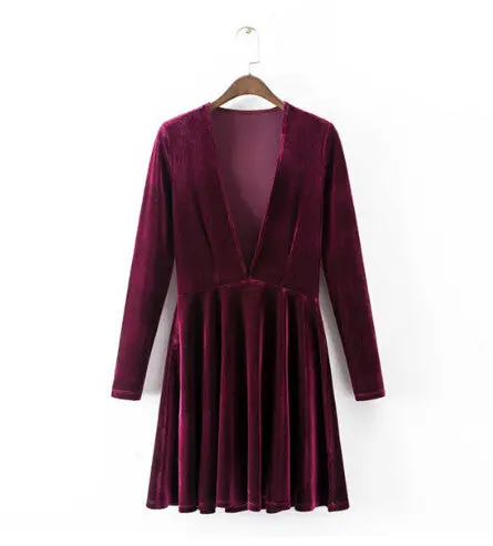 Sexy Deep V Neck Stretch Velvet Skater Dress American Apparel Aa Vintage Long Sleeve Pleated Dresses Femme 1