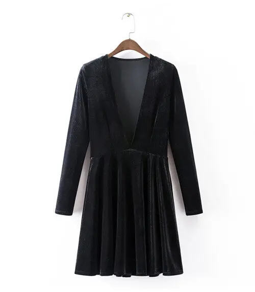 Sexy Deep V Neck Stretch Velvet Skater Dress American Apparel Aa Vintage Long Sleeve Pleated Dresses Femme 4