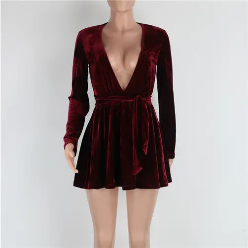 Sexy Deep V Neck Women Dress Long Sleeve Velvet Party Dresses Slim A-Line Dress Wine Red Mini Robe Femme 1
